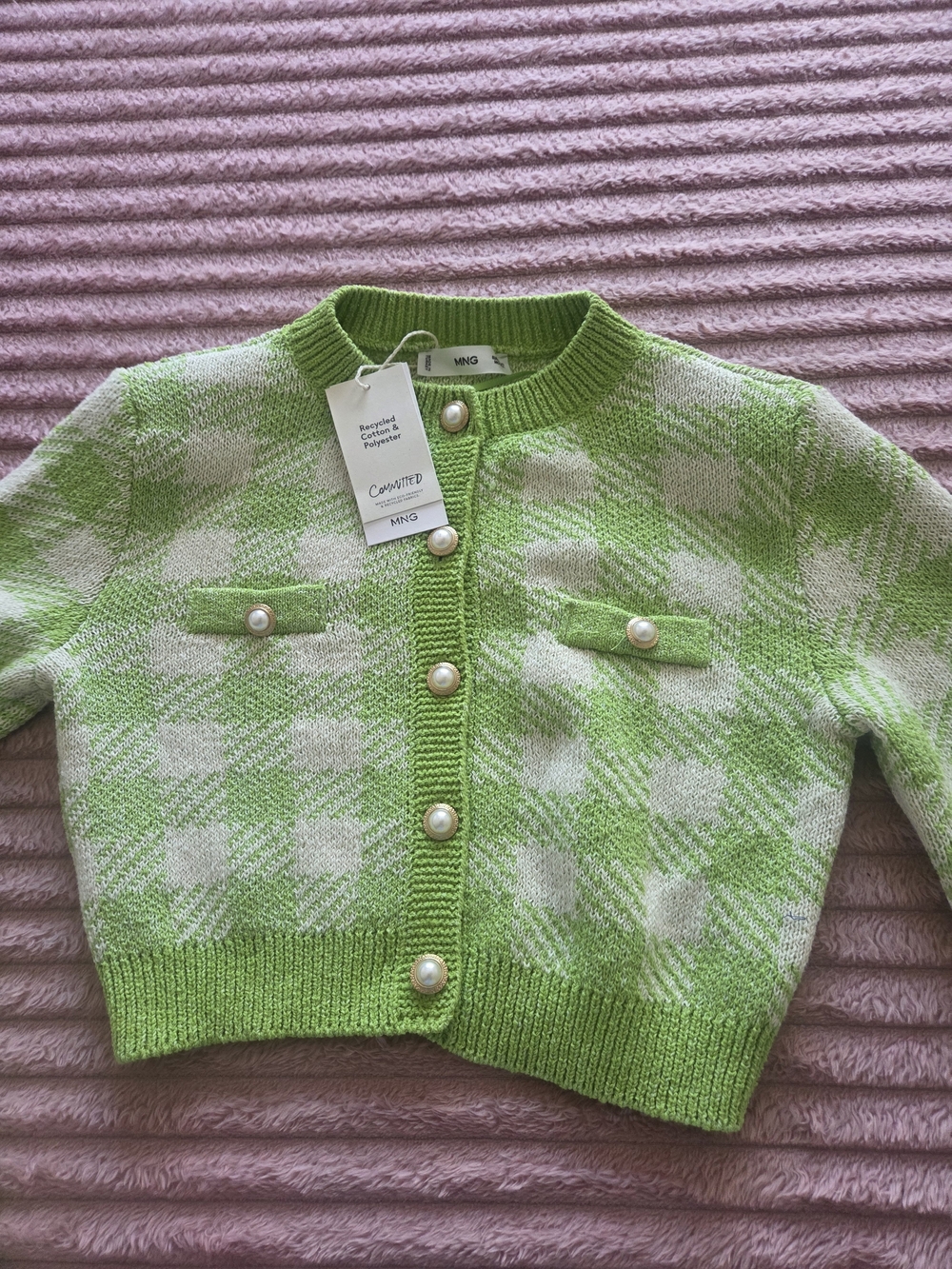 Mango Green and Cream Check Pearl-Button Cardigan